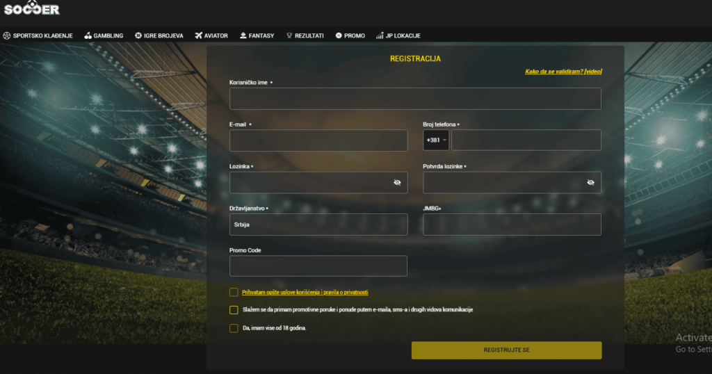 SoccerBet registracija